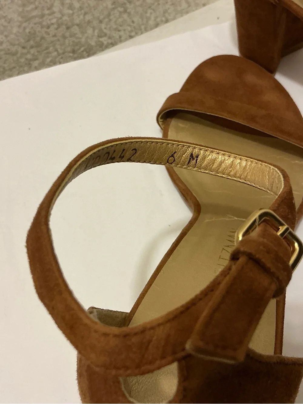 Stuart Weitzman Suede Ankle-Strap Block Heel - Cognac Brown - Picture 9 of 10